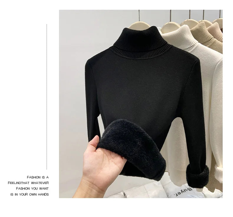 Thickened High Collar One-Piece Fleece Knitted Sweater Women Winter Slim Fit Inner Wear Fashionable Basic Style Base Shirt