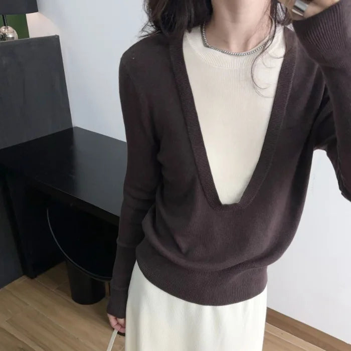 Andy Velvet Washed Large U-Neck Layered Slim Fit Knitwear Design Sensation Color Block Autumn Winter Top Polo Collar Sleeveless