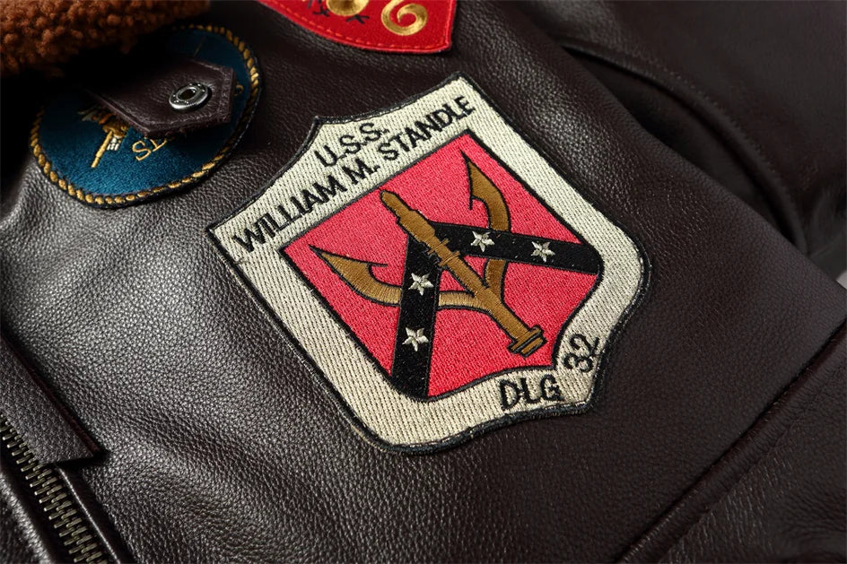 Dark Brown Pilot Leather Jacket Men Retro Style Genuine Natural Thick Cowhide Wool Collar Winter Military G1 Flight Coat