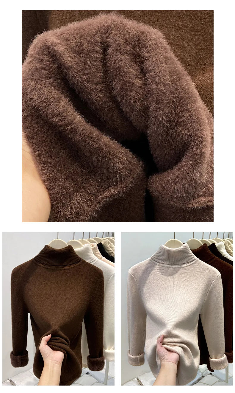 Thickened High Collar One-Piece Fleece Knitted Sweater Women Winter Slim Fit Inner Wear Fashionable Basic Style Base Shirt
