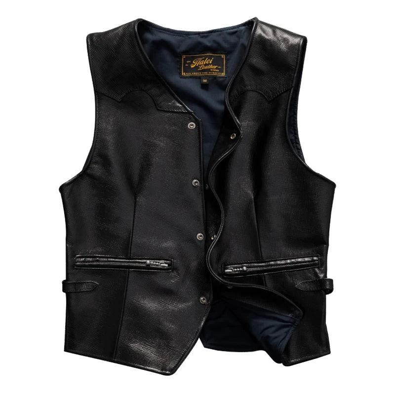 Black Spring Leather Vest Men Casual Style Plus Size 5XL Genuine Natural Sheepskin Single Breasted Short Sleeveless Coat