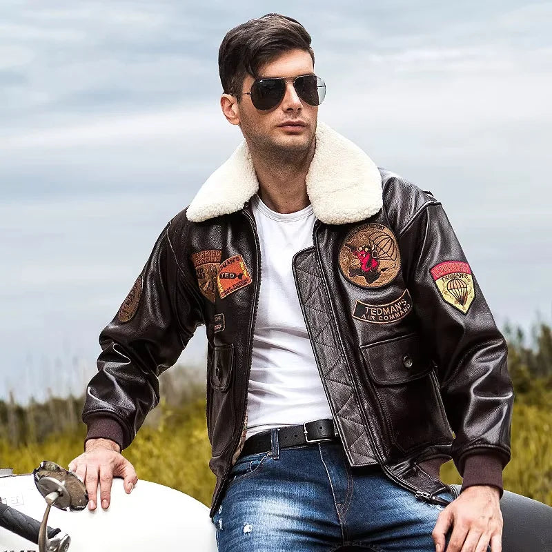 Dark Brown Winter Leather Jacket Men Retro Style Europe Size Genuine Natural Thick Cowhide Turn-Down Collar G1 Flight Coat