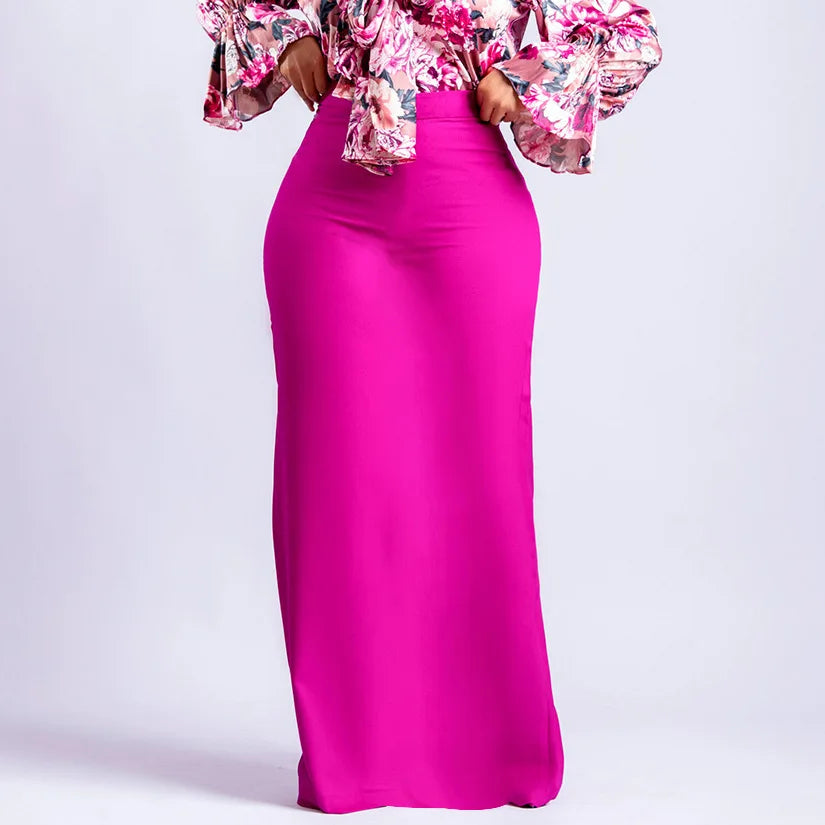Elegant High Waist Midi Skirt African Fashion Women's New 2025 Pure Color Polyester Blend Skirt for Business And Leisure