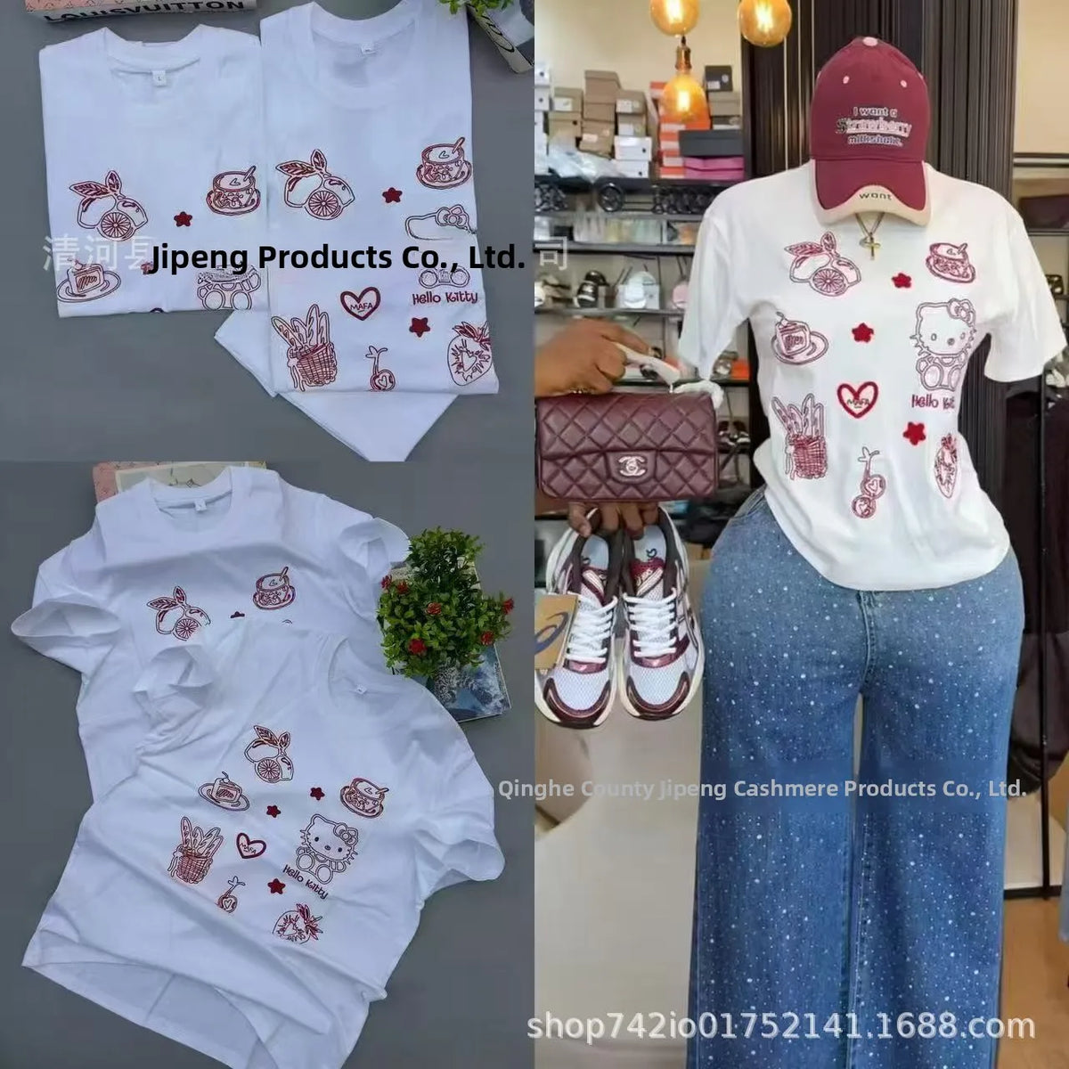 Loose Fit Embroidered Cotton T-Shirt Women's Shoulder Width round Neck Print Short Sleeve Cross-Border Half Sleeve Street Style