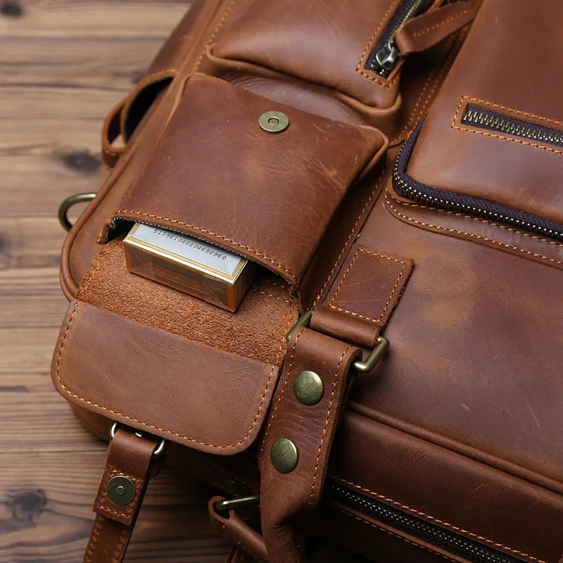 Retro Men's Leather Handbag Top Layer Cowhide Briefcase Large Capacity Travel Bag Crazy Horse Leather Laptop Shoulder Bag NZPJ