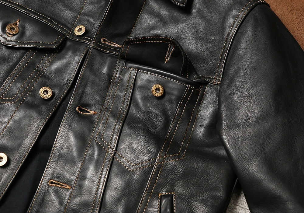 Black Autumn Leather Jacket Men Retro Style Plus Size 4XL Genuine Natural Thick Cowhide Single Breasted Casual Denim Coat
