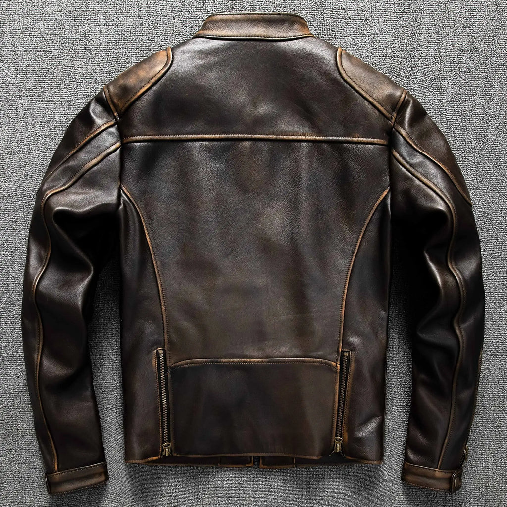 Dark Brown Autumn Leather Jacket Men Retro Style Plus Size 6XL Genuine Natural Cowhide Stand Collar J100 Motorcycle Sports Coat