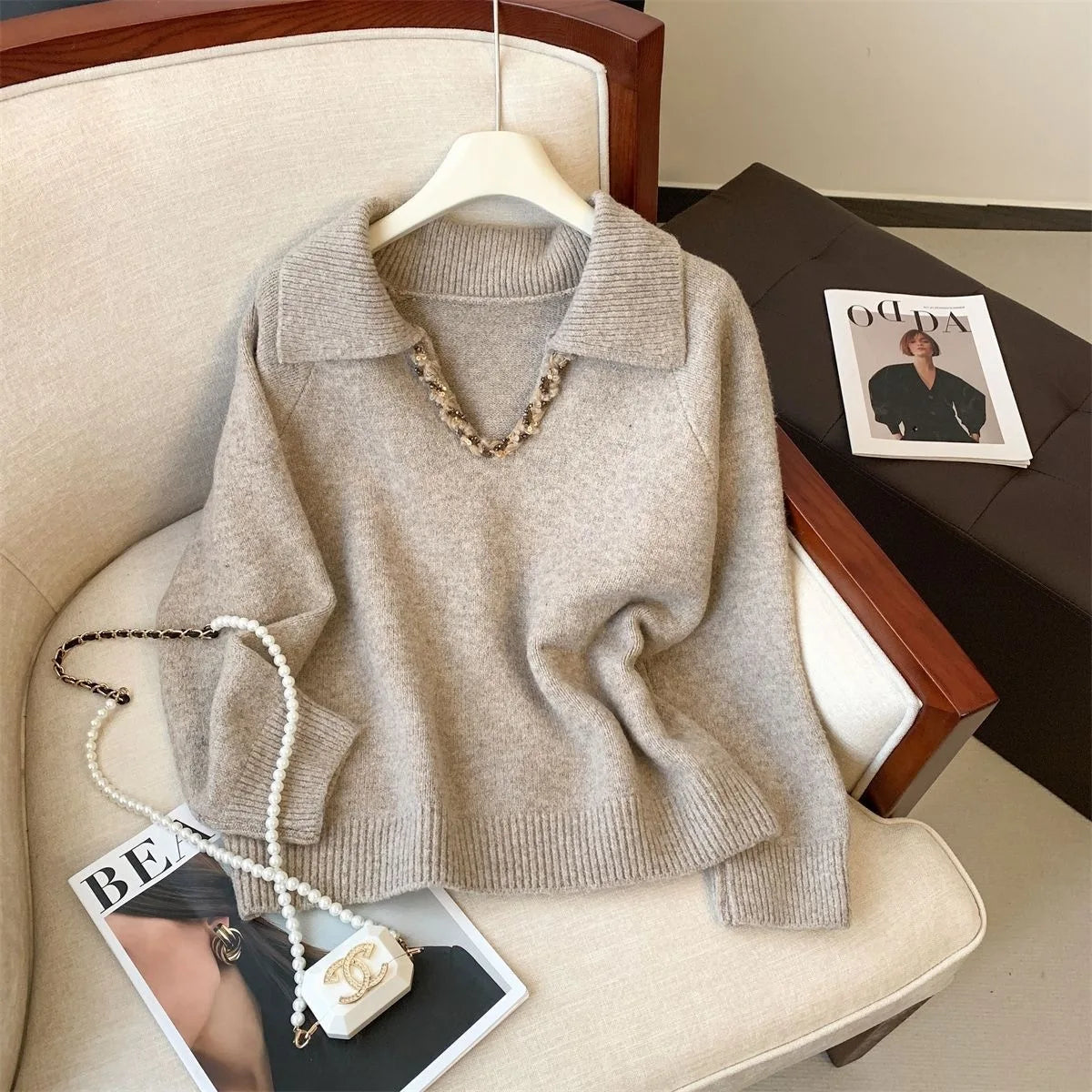 French Collar Heavy Embellished Long Sleeve Knitwear New Autumn Winter Dance Beautiful Women's Top V-neck Polyester Blend