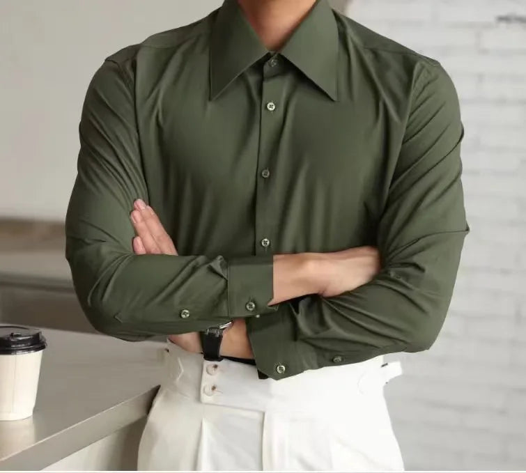 Men's Long Sleeve Business Shirt Fall Fashion French Style Big Collar Slim Fit Empire Collar Iron Free Breathable Machine Was...