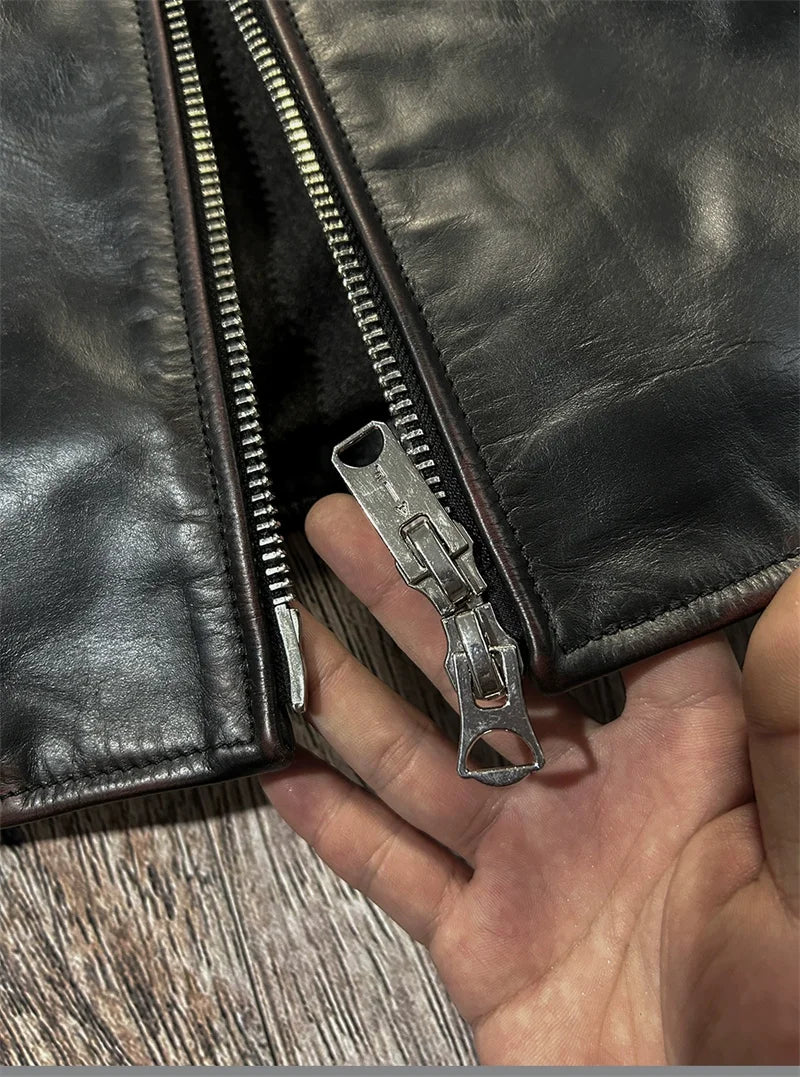 Black Winter Leather Jacket Men Vintage Style Plus Size 5XL Genuine Natural Cowhide Stand Collar Slim Fit Leather Coat