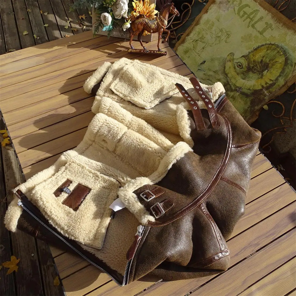 Dark Brown Winter Shearling Jacket Men Retro Style Plus Size 4XL Genuine Natural Thick Sheepskin Turn-Down Collar Flight Coat