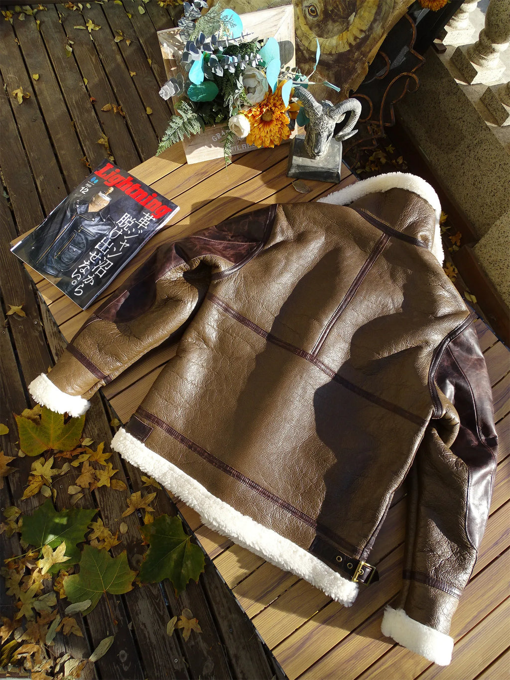 Men's B-3 Bomber Shearling Jacket Brown Black Two-Tone Genuine Leather Winter Warm Flight Pilot Coat Vintage Spliced