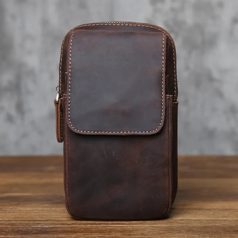 NZPJ Genuine Leather Men's Waist Bag Vintage Crazy Horse Leather Saddlebag Casual Top-Grain Cowhide Cell Phone Pouch