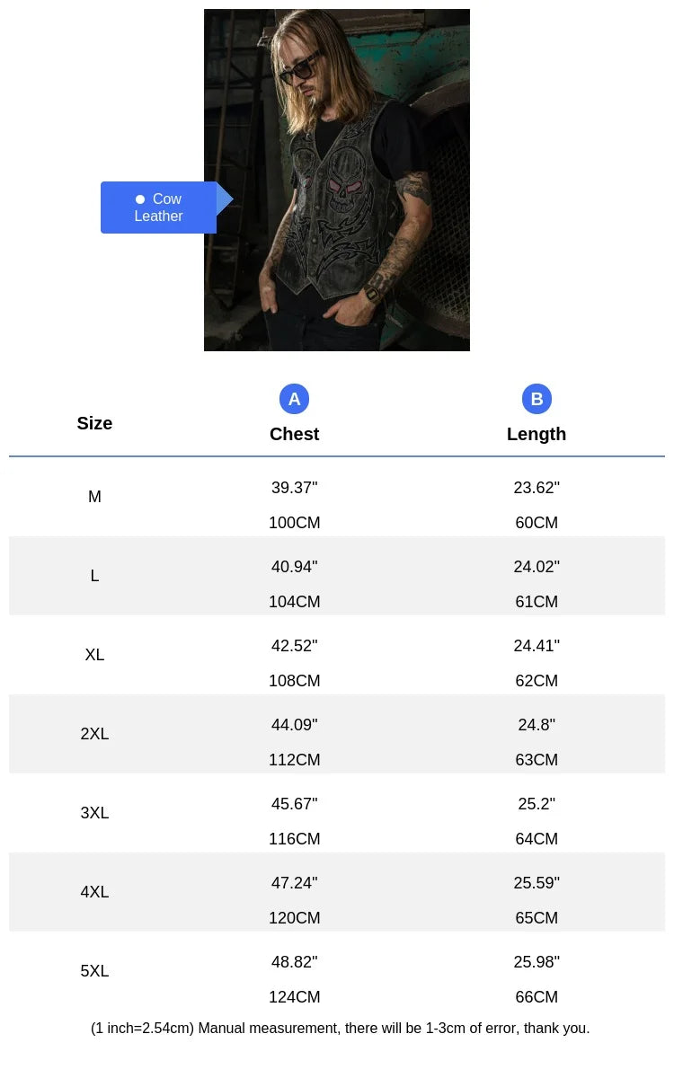 Black Spring Leather Vest Men Skull Embroidery Retro Style Plus Size 5XL Genuine Natural Cowhide Single Breasted Sleeveless Coat