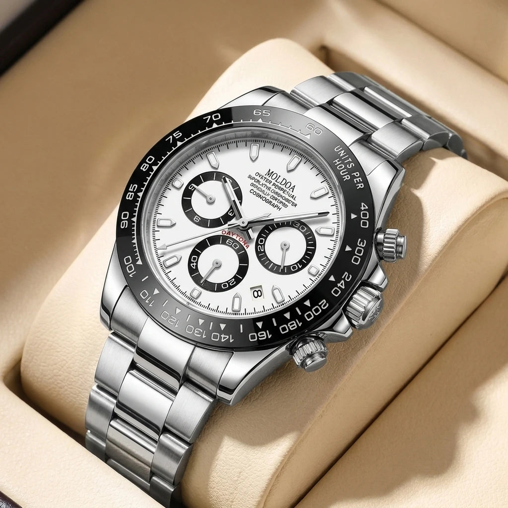 A Men's Silver Steel Strap Trendy Business Trinocular Multi-Function Graduated Quartz Watch