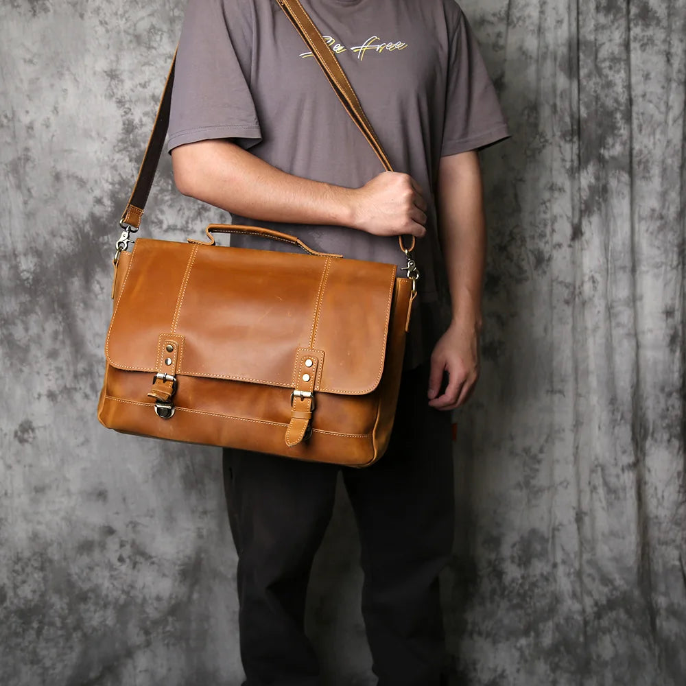 NZPJ Vintage Leather Men's Briefcase Crazy Horse Leather Handbag Casual Natural Cowhide Computer Bag Shoulder Messenger Bag