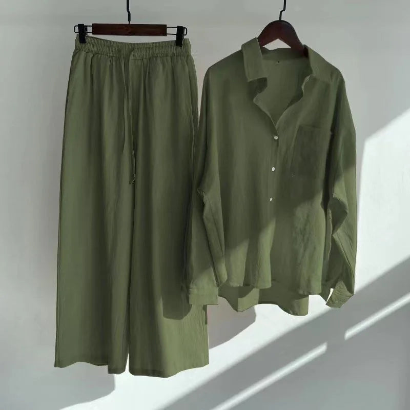 Retro Large Size Cotton Linen Shirt Set High Waist Loose Pants Two Piece Set Women's Clothing Casual Fashion Summer Season