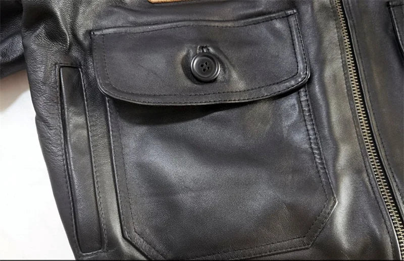 Black Winter Leather Jacket Men Retro Style Europe Size Genuine Natural Thick Sheepskin Turn-Down Collar Military G1 Flight Coat