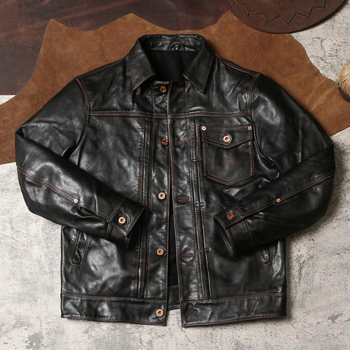 Black Autumn Leather Jacket Men Vintage Style Plus Size 5XL Genuine Natural Cowhide Turn-Down Collar Single Breasted Coat