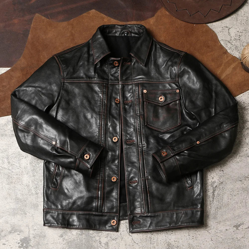 Black Autumn Leather Jacket Men Vintage Style Plus Size 5XL Genuine Natural Cowhide Turn-Down Collar Single Breasted Coat