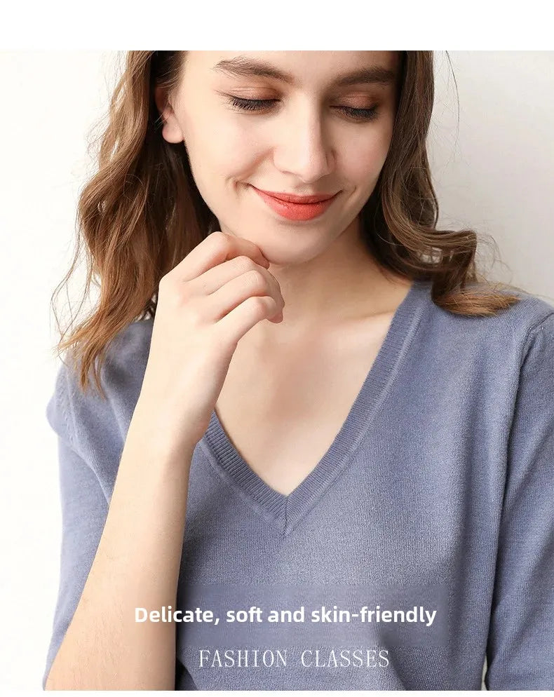 Spring Autumn New Style V-Neck Thin Knitted Loose Short Sleeve Women's T-Shirt Thin Summer Top Comfortable Base Layer Shirt