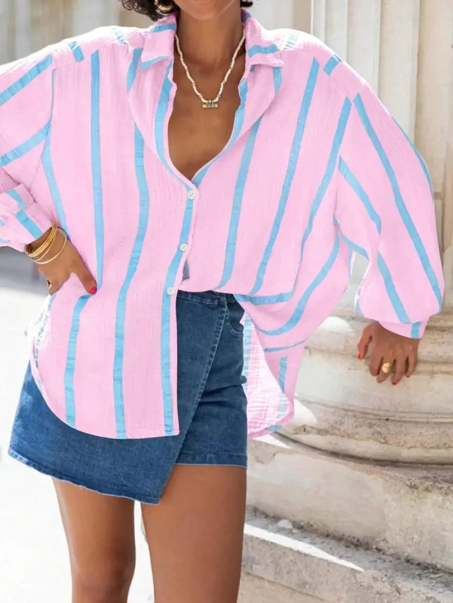 Women's Long Sleeve Button Cardigan Striped Shirt Slim Fit Polo Collar Full Length Autumn Winter New Style Cross Border Independ
