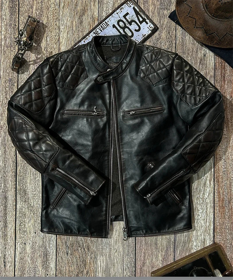 Black Winter Leather Jacket Men Vintage Style Plus Size 5XL Genuine Natural Cowhide Stand Collar Slim Fit Leather Coat