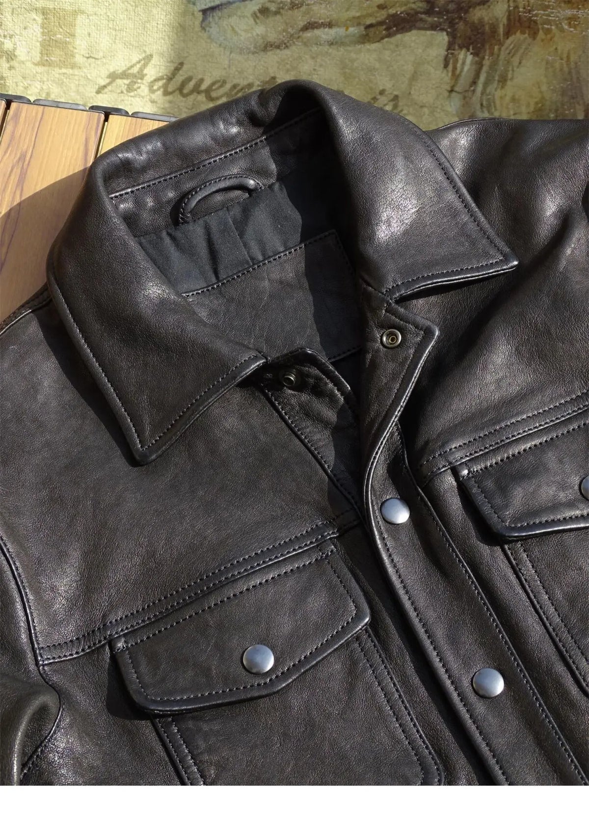 Black Autumn Leather Jacket Men Casual Style American Size Genuine Natural Sheepskin Turn-Down Collar Single Breasted Denim Coat