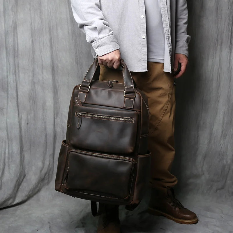 Retro Leather Men's Backpack Top Layer Leather Large Capacity Computer Backpack Crazy Horse Leather Leisure Travel  Men Bag NZPJ