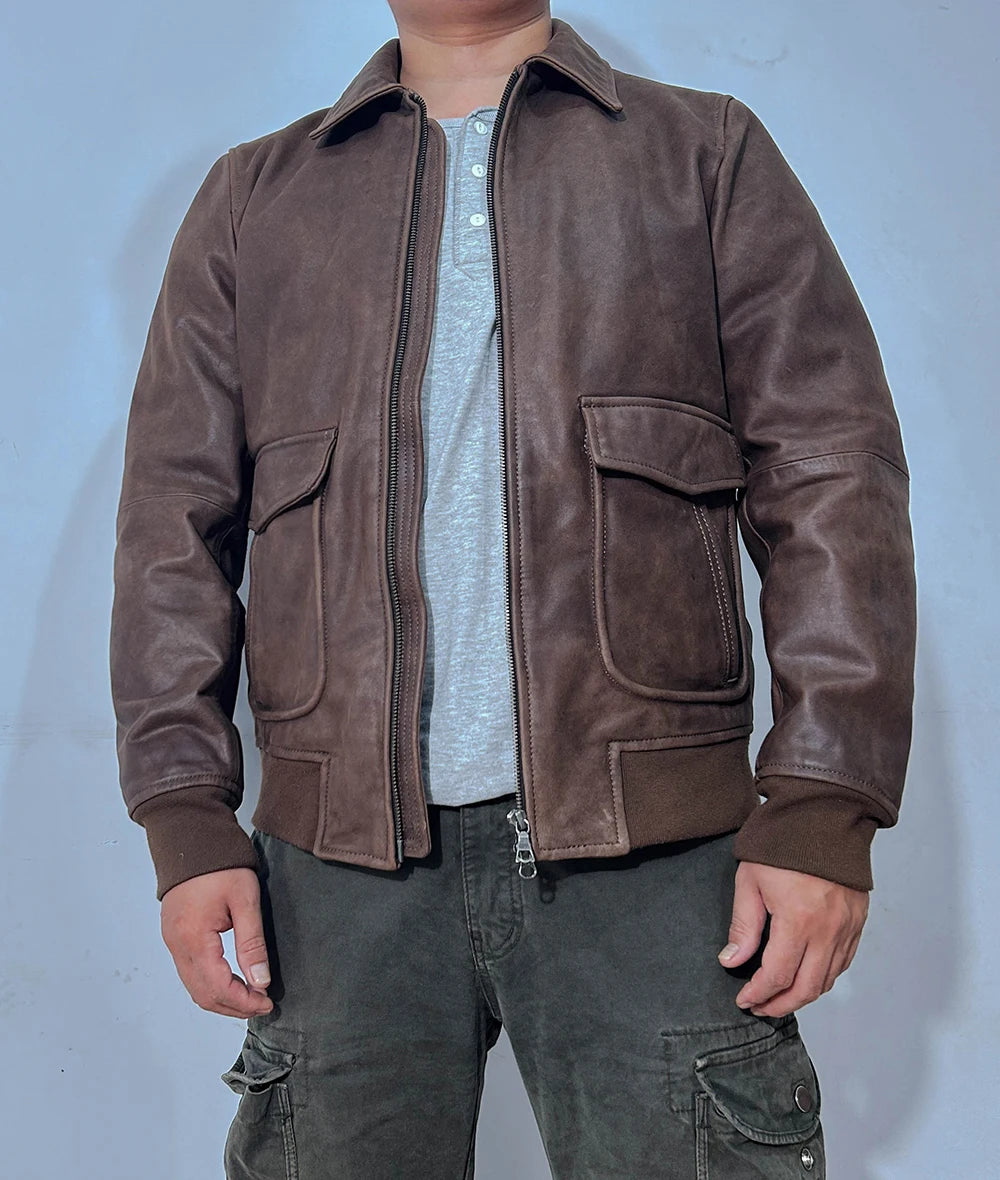 Dark Brown Winter Leather Jacket Men Vintage Style Plus Size 5XL Genuine Natural Cowhide Turn-Down Collar Retro A2 Flight Coat