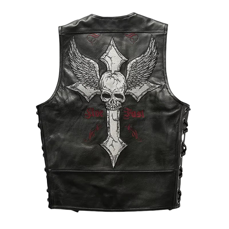 Black Four Seasons Leather Vest Men Sports Style Plus Size 4XL Genuine Natural Cowhide Single Breasted Skulls Embroidery Vest