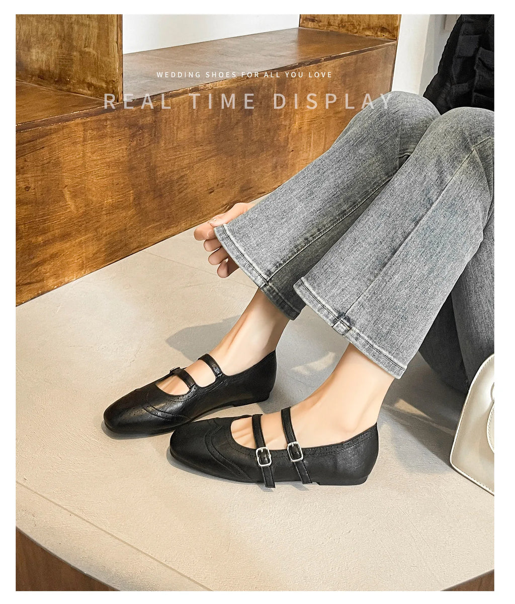 French Style Double Buckle Mary Jane Shoes Women's plus Size Flat Bottom Leather Version Beautiful Carving Spring Summer Autumn