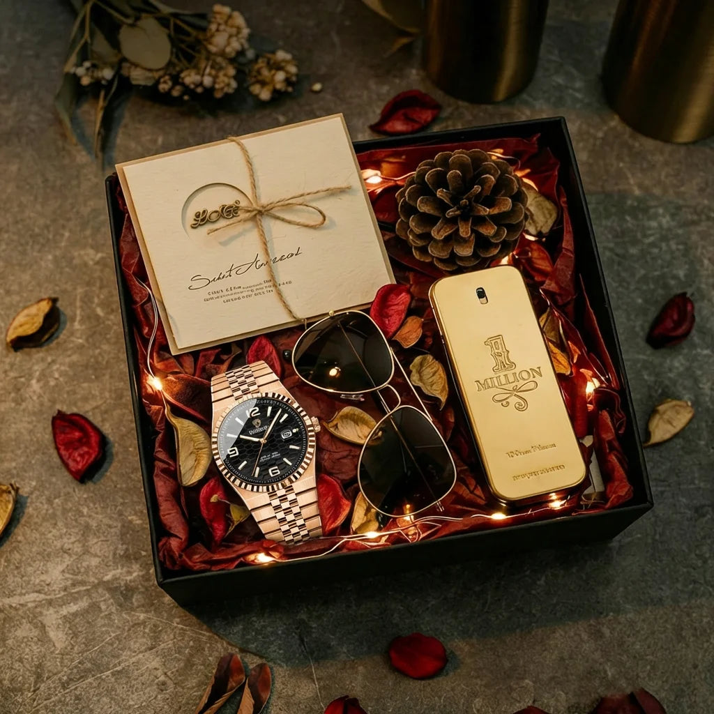 4pcs Men's Rose Gold & Black Metal Strap Luxury Honeycomb Dial Fluted Bezel Sunglasses & Perfume Quartz Watch Gift Set Birthday