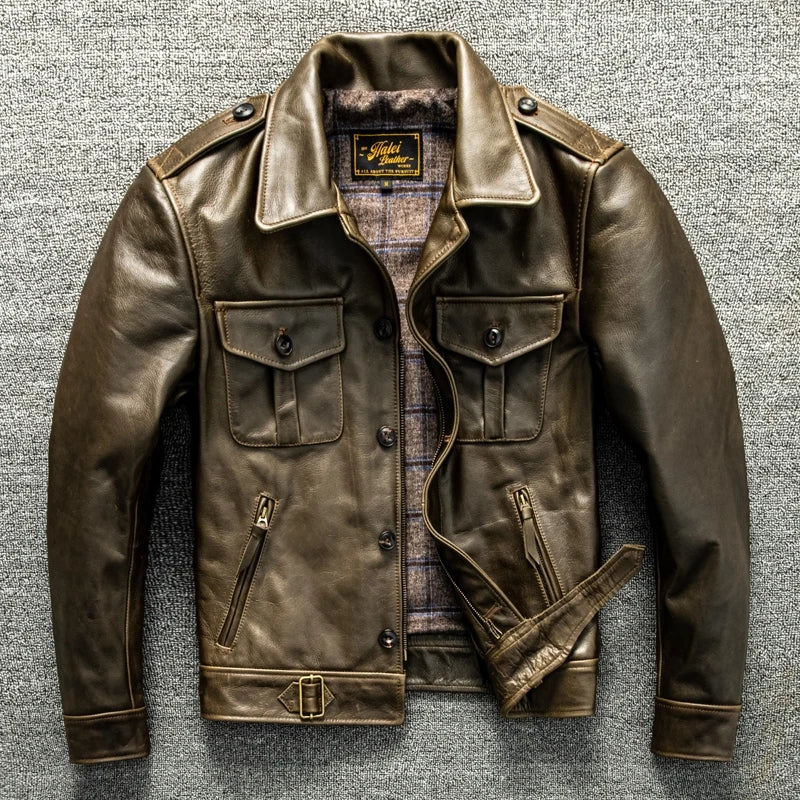 Light Green Autumn Leather Jacket Men Vintage Style Plus Size 4XL Genuine Natural Thick Cowhide Turn-Down Collar P37 Pilot Coat