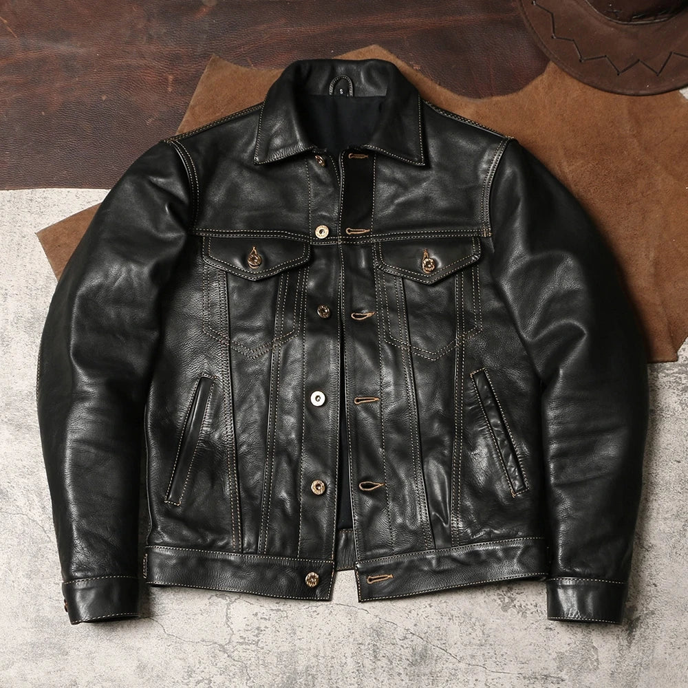 Black Autumn Leather Jacket Men Retro Style Plus Size 4XL Genuine Natural Thick Cowhide Single Breasted Casual Denim Coat