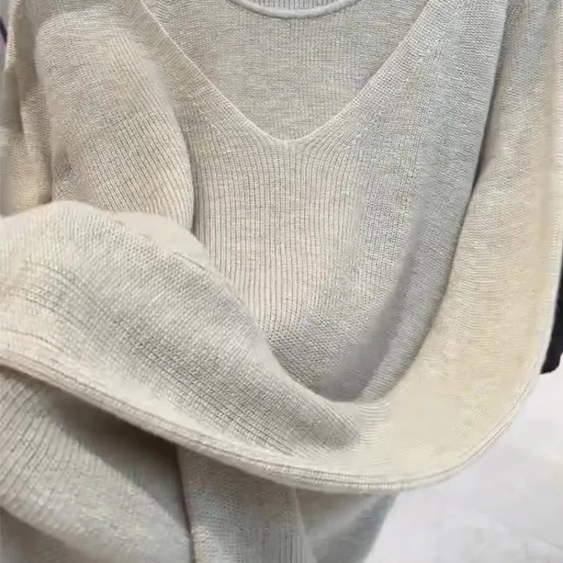 Ladies' Knitted Woolen Loose Fashionable Top Hollow out Fake Two-Piece Style Autumn New Arrival Comfortable Casual Korean Style