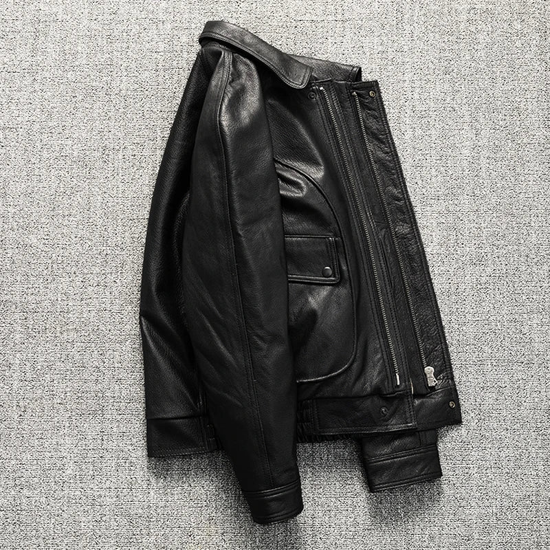 Black Winter Leather Jacket Men Retro Style Plus Size 5XL Genuine Natural Sheepskin Turn-down Collar Loose Casual Leather Coat