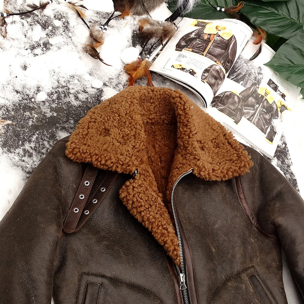 Dark Brown Winter Shearling Jacket Men Retro Vintage Style Plus Size 4XL Genuine Natural Sheepskin Bomber Military Flight Coat