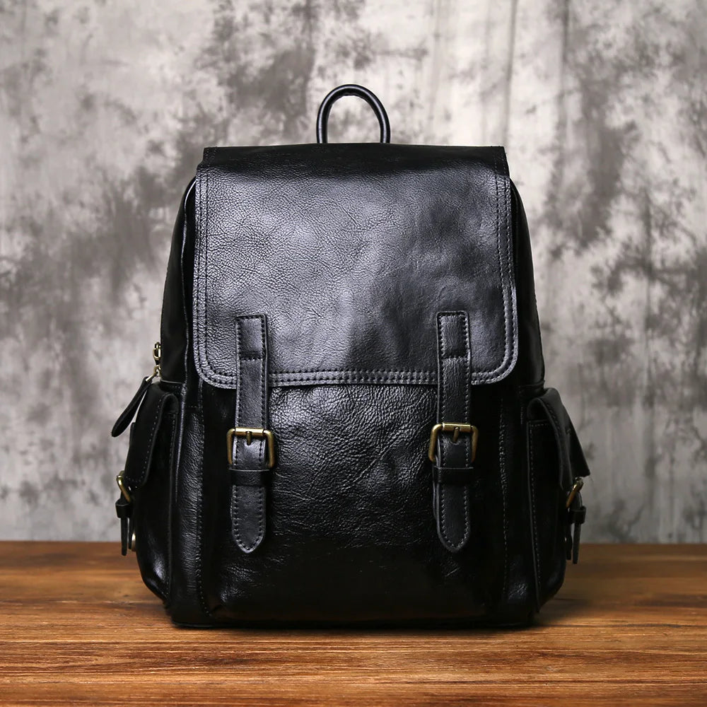 NZPJ Vintage Genuine Leather Men Backpack Large Capacity Top-Grain Cowhide Backpack Casual Trendy Crazy Horse Leather Laptop Bag