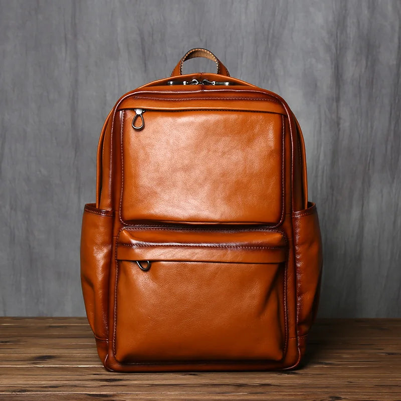 NZPJ Genuine Leather Men's Backpack Retro Top Layer Cowhide Casual Computer Bag European And American Fashion Travel Bag