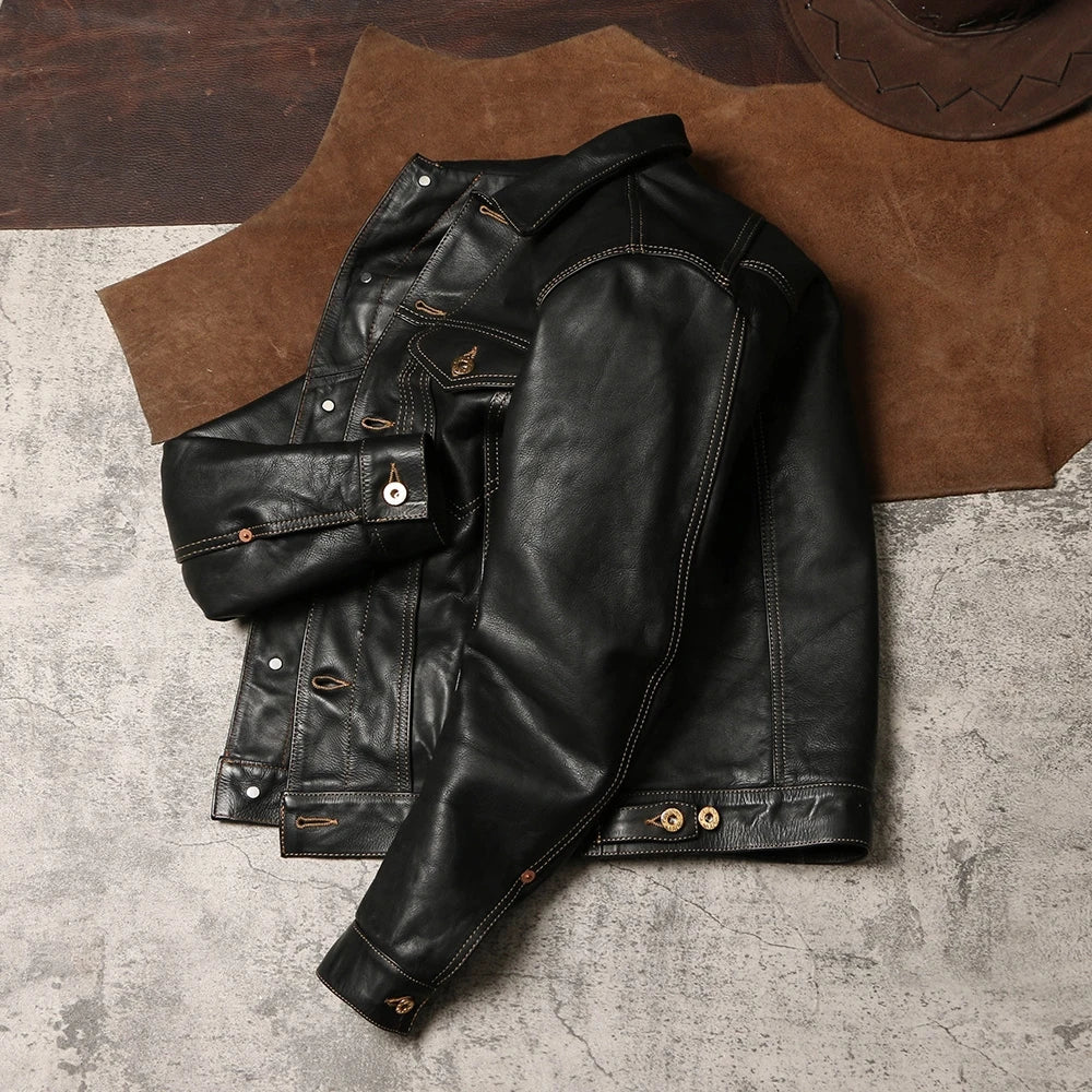 Black Autumn Leather Jacket Men Retro Style Plus Size 4XL Genuine Natural Thick Cowhide Single Breasted Casual Denim Coat