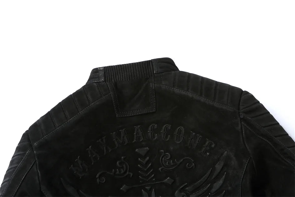 Black Winter Leather Jacket Men Vintage Style Plus Size 3XL Genuine Natural Thick Cow Suede Stand Collar Skulls Pattern Coat