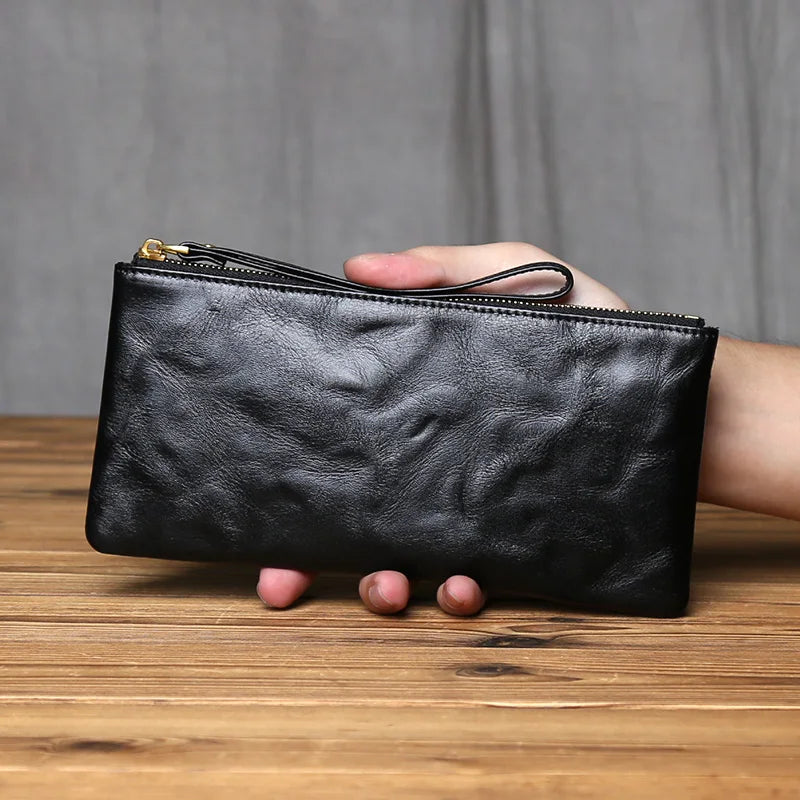 NZPJ Vintage Genuine Leather Long Wallet Top-Grain Cowhide Men's Clutch Women's Large Capacity Phone Bag