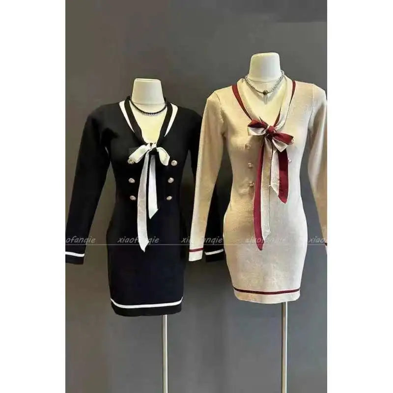 French Style Splice Color V-Neck Dress Slim Fit Short Tight Bodycon Skirt Autumn Winter Korean Style Fashionable Wrap Dress