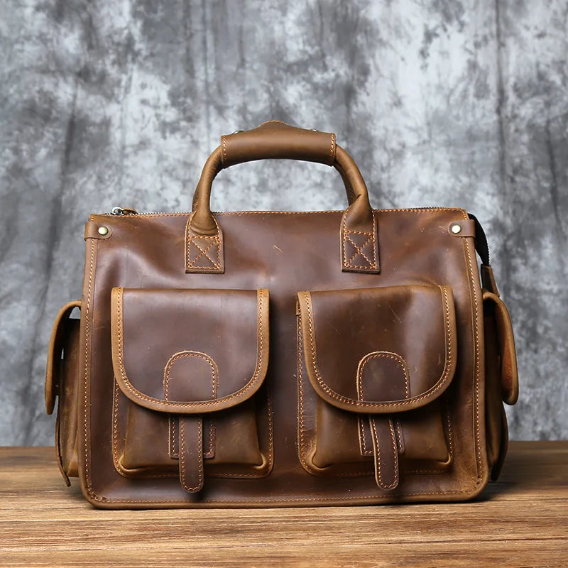 NZPJ Vintage Genuine Leather Men's Briefcase Crazy Horse  Handbag Natural Cowhide Travel Bag Casual Shoulder Crossbody Bag