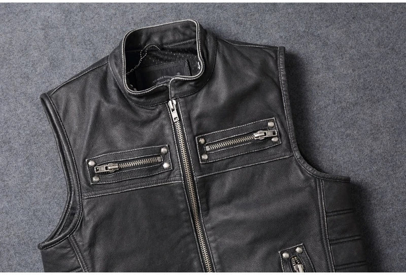 Black Four Seasons Leather Vest Men Vintage Style Plus Size 4XL Genuine Natural Cowhide Stand Collar Rivets Vest