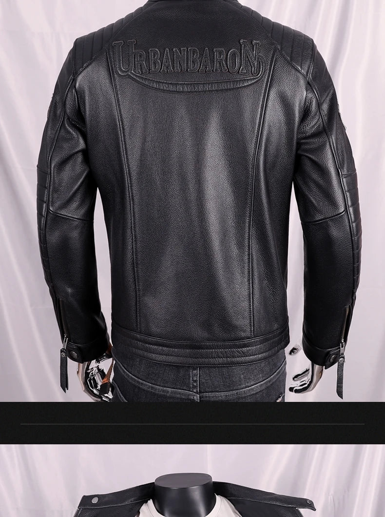 Black Autumn Leather Jacket Men Sports Style Plus Size 5XL Genuine Natural Cowhide Stand Collar Slim Fit Short Coat