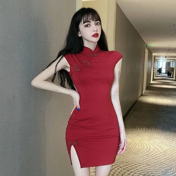 Young Women's Improved Cheongsam Dress Black Slimming New Chinese Style Short Sleeve Midi Dress with Shawl for Summer
