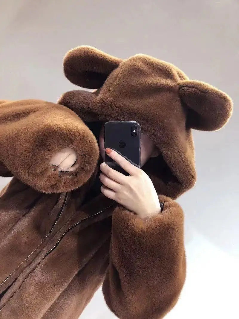 Autumn Winter Thickened Bear Ear Hooded Coat Women's Fashionable Fluffy Simulation Fur Jacket Cute Long-Line Casual Outfit
