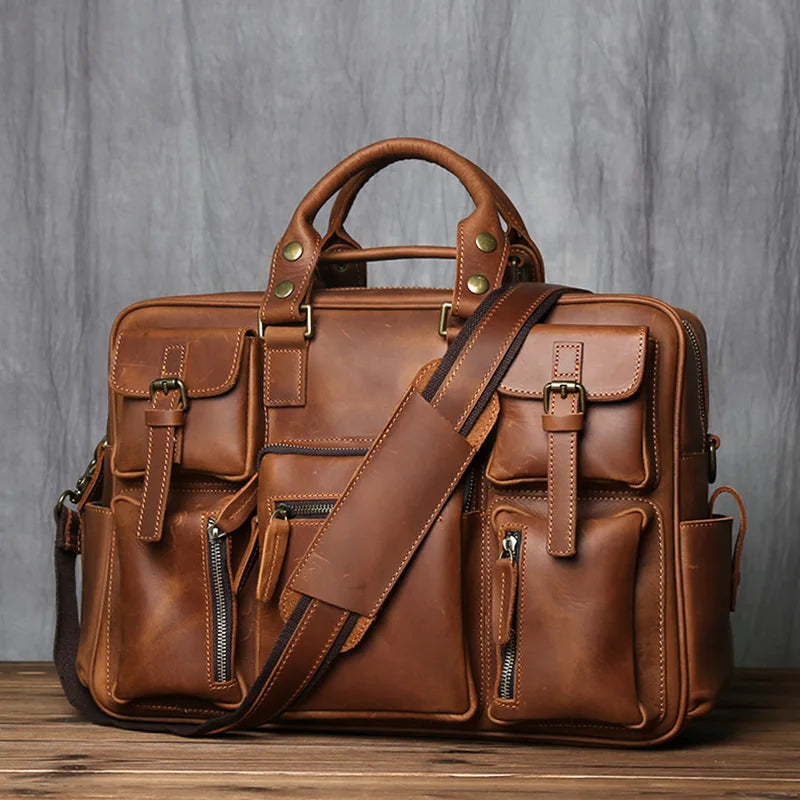 Retro Men's Leather Handbag Top Layer Cowhide Briefcase Large Capacity Travel Bag Crazy Horse Leather Laptop Shoulder Bag NZPJ